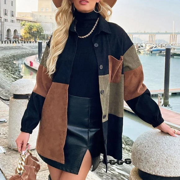 Multicolor Casual Womens Cut And Sew Drop Shoulder Corduroy Coat - Picture 4 of 5